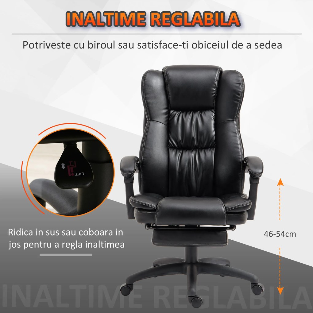 Vinsetto Scaun Birou cu Masaj, Înclinare, Piele Artificială, Negru, 68.5x68.5x119-127cm, Confort Sporit | Aosom Romania