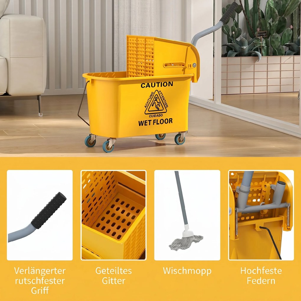HOMCOM Găleată de spălat pardoseli 20L cu mop, storcător, roți și mâner Galben | Aosom Romania