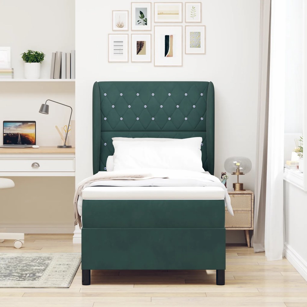 vidaXL Pat cu arcuri boxă și saltea verde închis 90 x 190 cm, catifea
