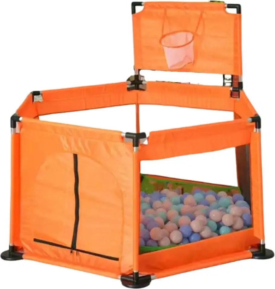 Tarc de joaca pentru copii cu cos de baschet si 50 bile, NBW, interior-exterior, 113x128 cm, Portocaliu