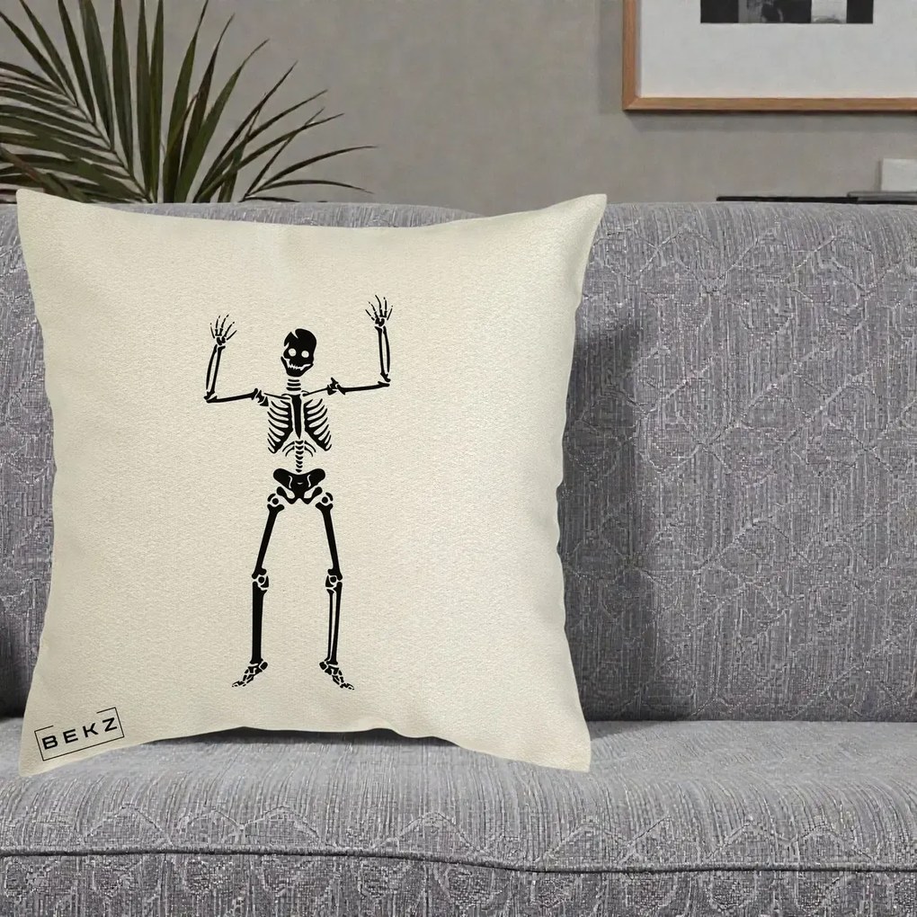 Perna Decorativa Halloween Schelet Dansator, 40x40 cm, Ecru, Husa Detasabila, Perna Inclusa, BEKZ®
