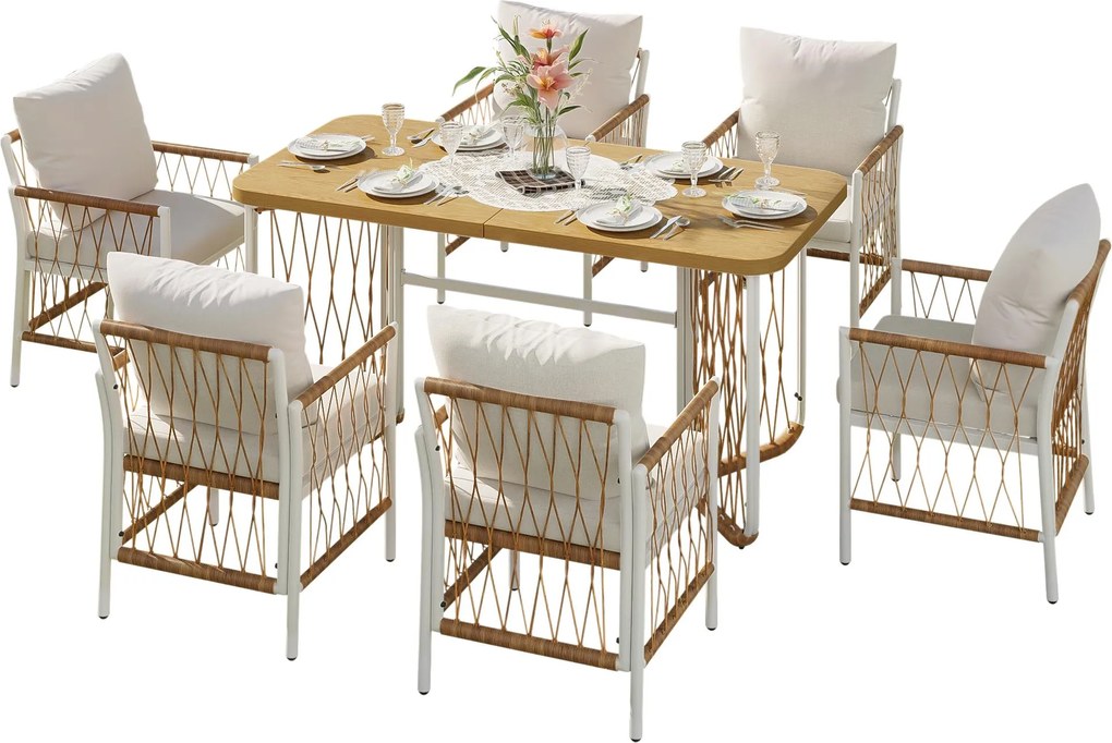 Set modern de mobilier de grădină, 7 piese, cadru alb din fier cu cotiere împletite, 1 masă+6 scaune, Bej+Culoare naturală