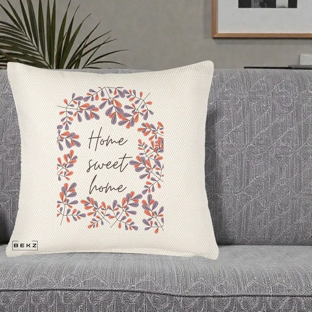 Perna Decorativa Home Sweet Home Frunze Colorate, 40x40 cm, Crem Reliefat, Husa Detasabila, Perna Inclusa, BEKZ®