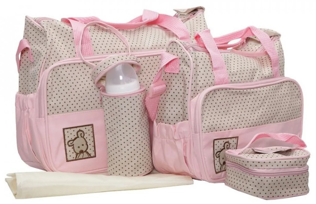 Set 3 genti bebe NOVOKIDS™ Mastella atasabile la carucior, Capacitate mare, Geanta termos biberoane inclusa, dimensiune 39X35X10 cm, Roz si Crem