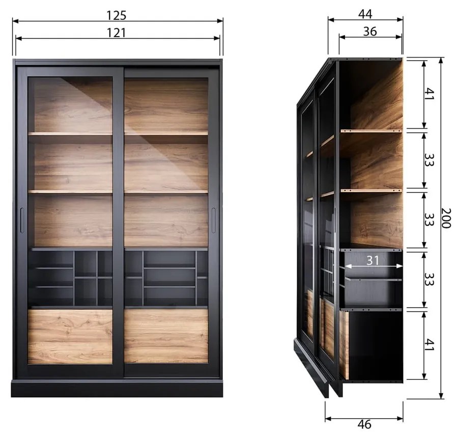 Vitrină neagră/în culoare naturală din lemn de pin cu ușă glisantă 125x200 cm James – WOOOD