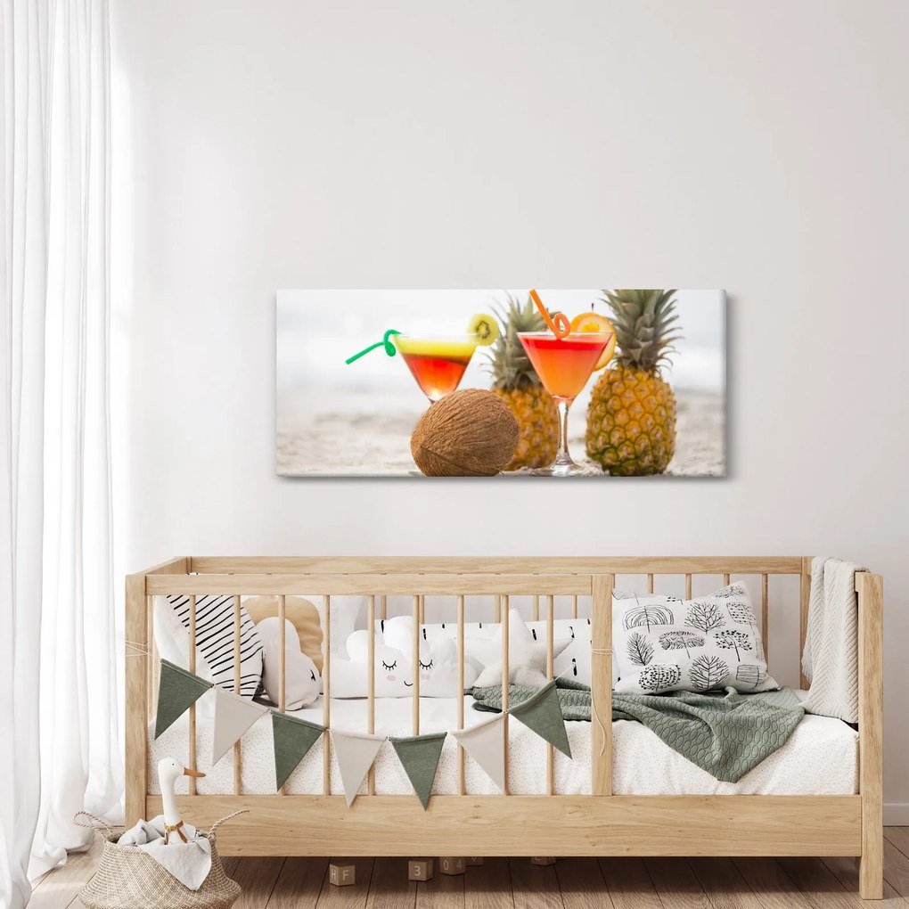 Tablou cu ananas și pahare pe plajă (120x50 cm)