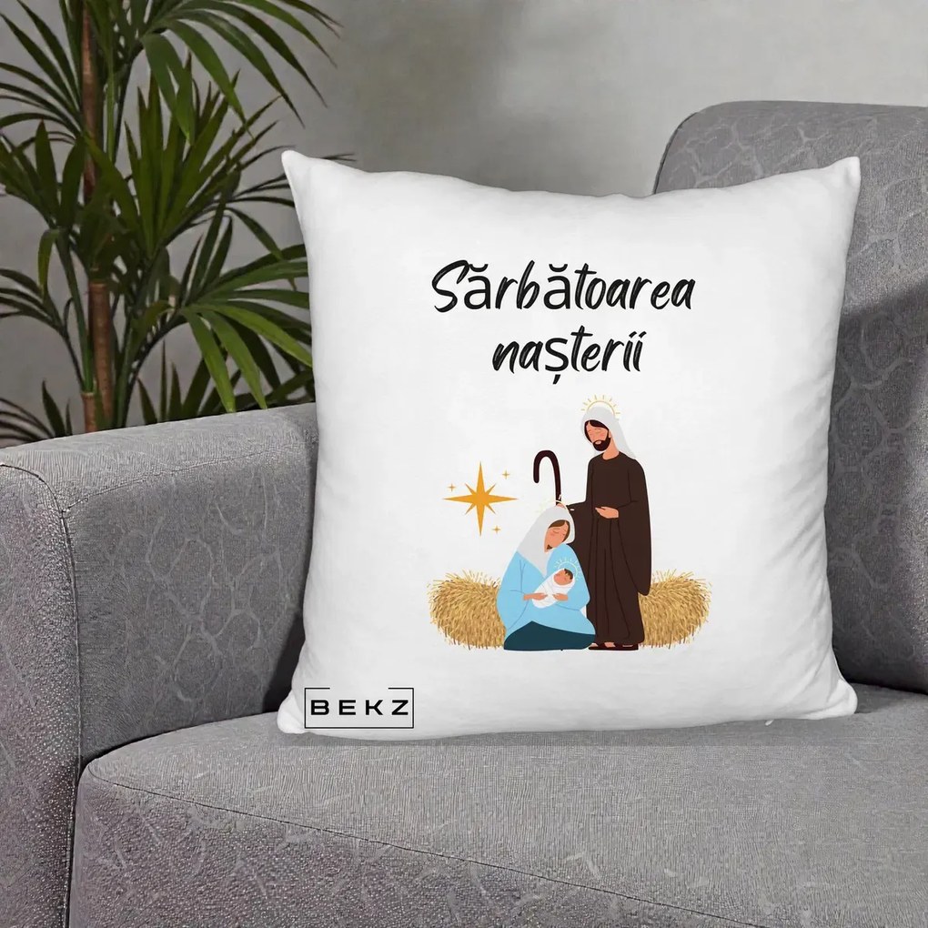 Perna Decorativa Nasterea Domnului Sfanta Familie Sarbatoarea Nasterii, 40x40 cm, Alb Pufos, Husa Detasabila, Perna Inclusa, BEKZ®