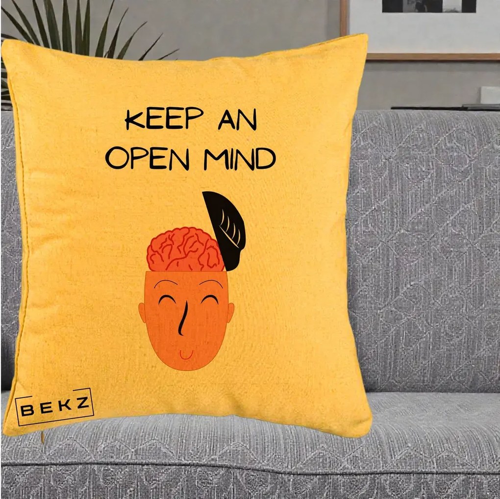 Perna Decorativa Keep An Open Mind, 40x40 cm, Galben, Husa Detasabila, Perna Inclusa, BEKZ®