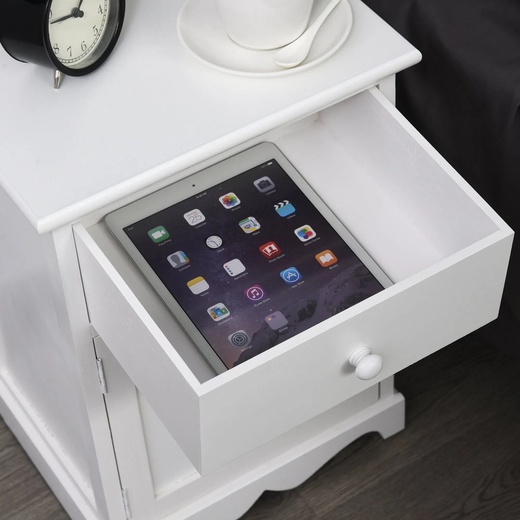 HOMCOM Set Noptiera cu 2 piese din Lemn cu Sertar si Dulap Design Retrò, 35x30x49cm Culoarea Alba | AOSOM.ro