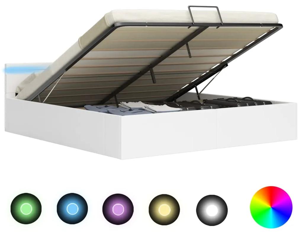 285551 vidaXL Cadru pat hidraulic cu ladă LED alb 180x200 cm piele ecologică