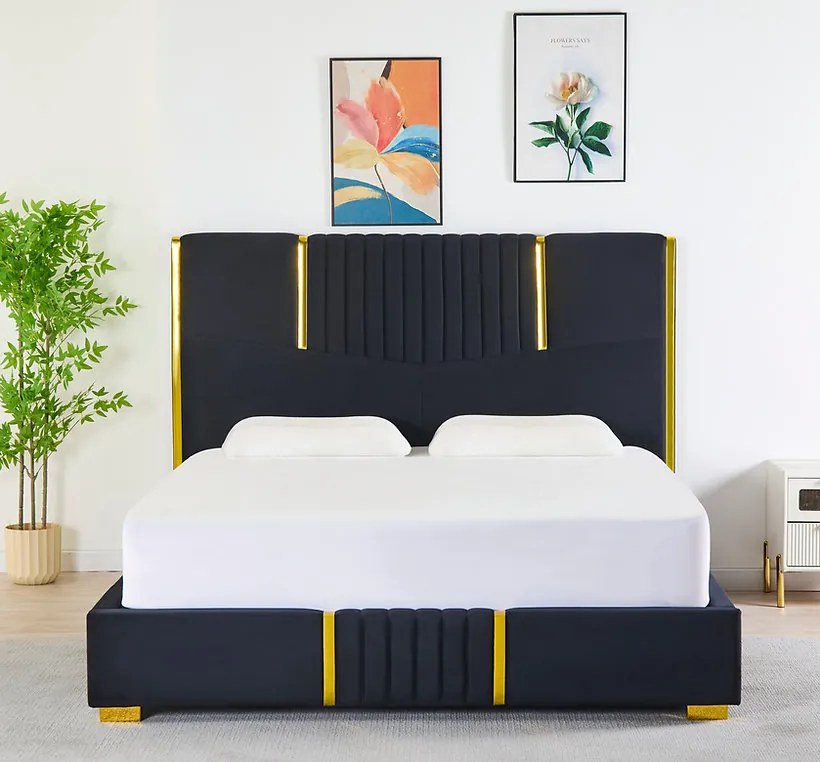 Pat Tapitat din Catifea Negru cu Somiera si Saltea ,   160x200 cm, Cod LB-215