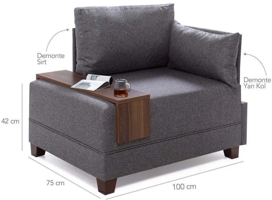 Fotoliu cu cotieră pe partea dreaptă și blat auxiliar Balcab Home Martha, gri