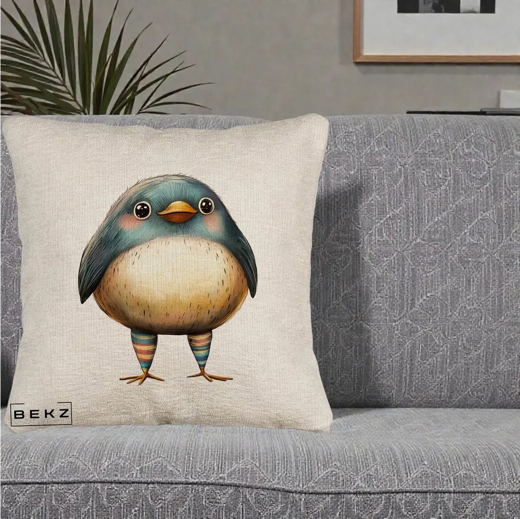 Perna Decorativa Pasare Teal-Bej cu Sosete Curcubeu, 40x40 cm, Bej Canapea, Husa Detasabila, Perna Inclusa, BEKZ®