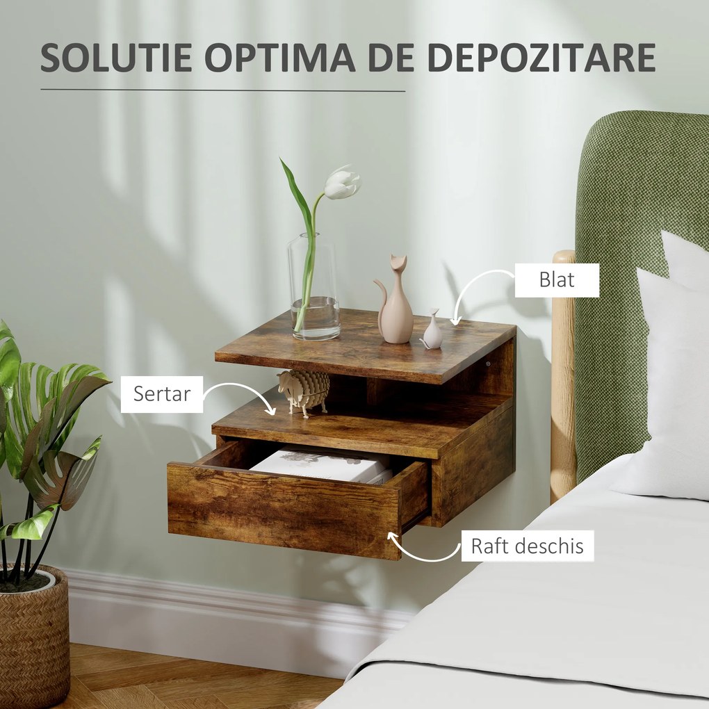 HOMCOM Set de 2 Noptiere Suspendate cu Sertar și Poliță Superioară, 35x32x22.5 cm, Lemn Natural | Aosom Romania