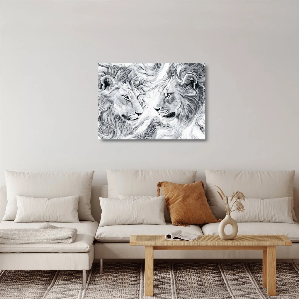 Tablou pe sticlă - Capete de lei desenate (70x50 cm)