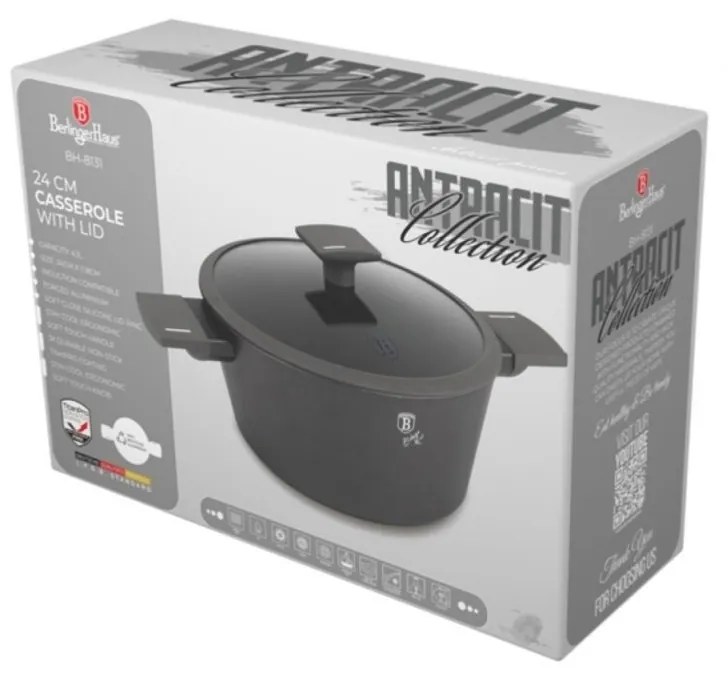 RESIGILAT - Oală cu capac 24 cm, 4.1L – Berlinger Haus BH8131, Anthracite Collection, antiaderentă, pentru supe sau tocănițe