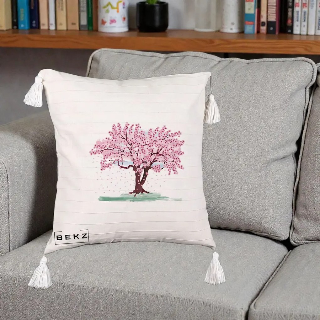 Perna Decorativa Cires Inflorit Acuarela, 40x40 cm, Bej cu Franjuri, Husa Detasabila, Perna Inclusa, BEKZ®