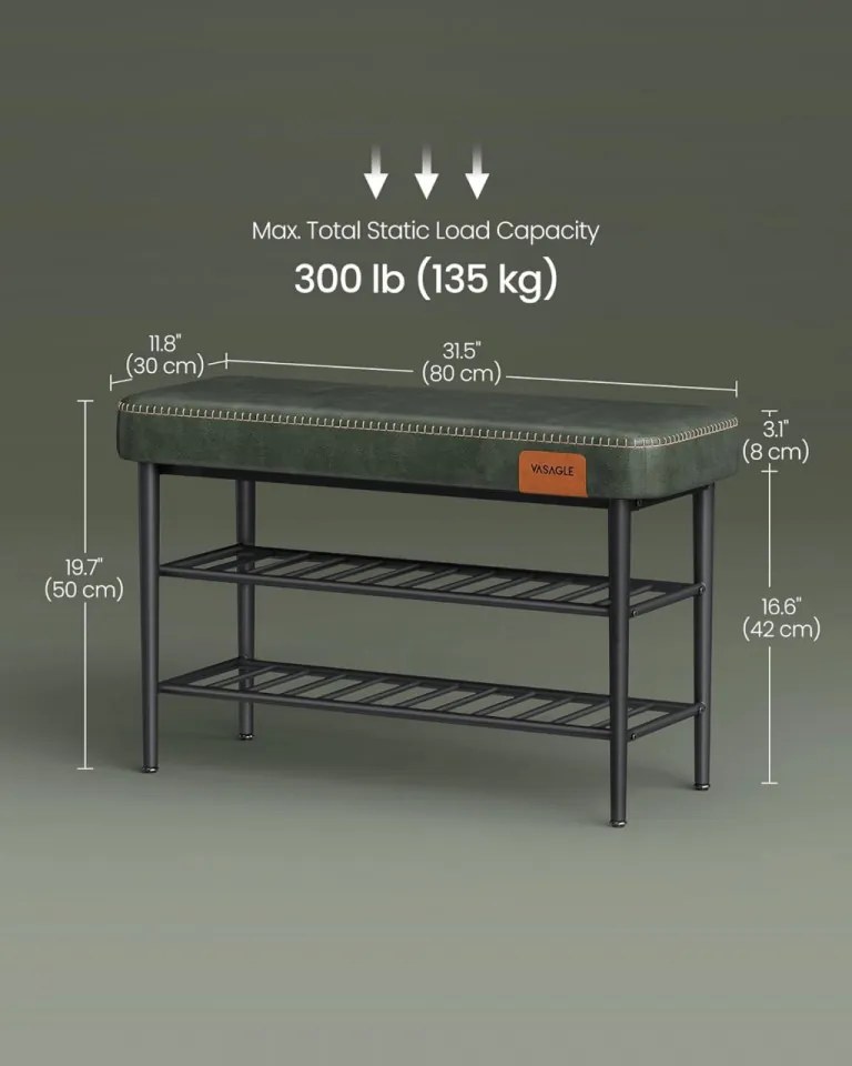 Bancheta cu spatiu depozitare, 80 x 30 x 50 cm, piele ecologica / metal, verde, Vasagle