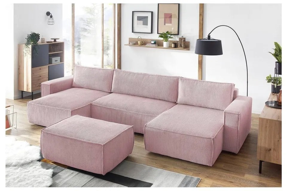 Taburet roz deschis cu tapițerie din catifea reiată Nihad – Bobochic Paris