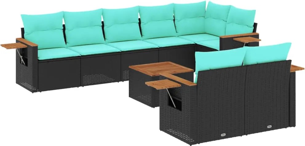 vidaXL Set mobilier de grădină cu perne, 9 piese, negru, poliratan