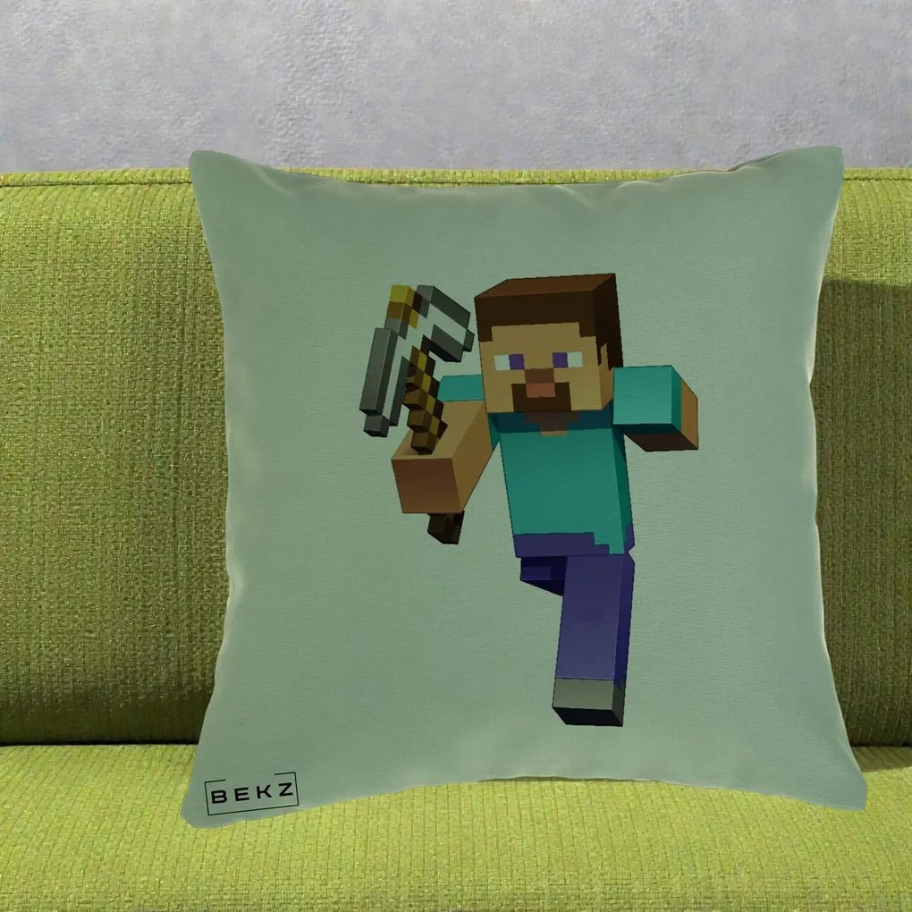 Perna Personalizata Minecraft Steve, 40x40 cm, Verde, Husa Detasabila, Perna Inclusa, BEKZ®