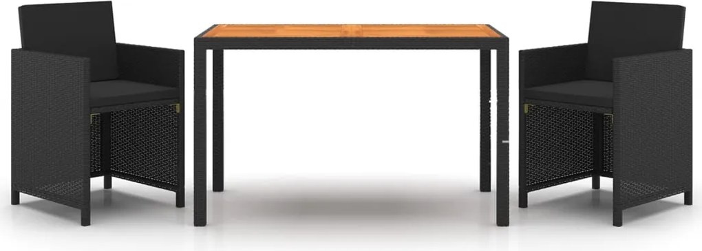 vidaXL Set de masă pentru grădină cu perne, 3 piese, negru, poliratan