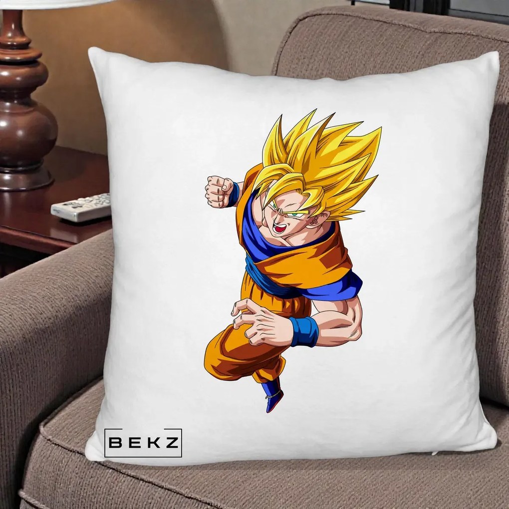 Perna Personalizata Dragon Ball Goku Super Saiyan 2 Lupta, 40x40 cm, Alb Pufos, Husa Detasabila, Perna Inclusa, BEKZ®