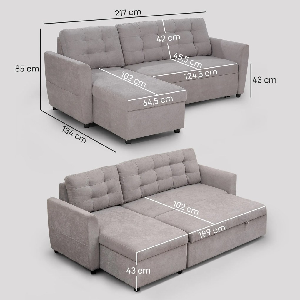 Canapea Extensibila pe Colt cu 3 Locuri si Compartiment de Depozitare, Tapiterie Efect In, Spatar cu perne 217x134x85cm, Gri HOMCOM | Aosom Romania