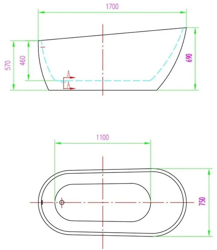 Cada baie freestanding alba, ovala, acril, 170 x 75 cm Florida Natalia P-170 Alb, 1700x750 mm