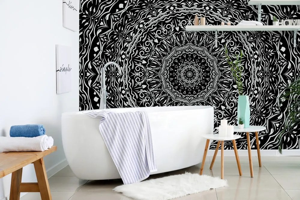 Tapet Mandala în stil vintage în alb-negru
