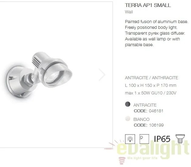 Aplica de perete exterior IP65 TERRA AP1 SMALL BIANCO 106199