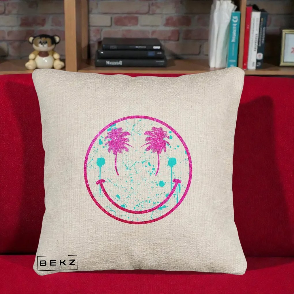 Perna Decorativa Smiley Face Tropical Glitter Roz, 40x40 cm, Bej Canapea, Husa Detasabila, Perna Inclusa, BEKZ®