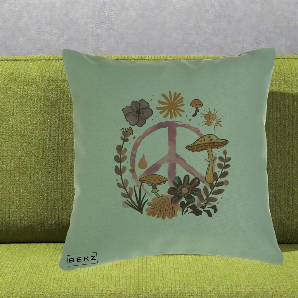 Perna Decorativa Peace Ciuperci Boho, 40x40 cm, Verde, Husa Detasabila, Perna Inclusa, BEKZ®