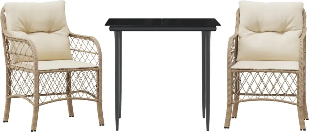 vidaXL Set bistro cu perne, 3 piese, bej, poliratan