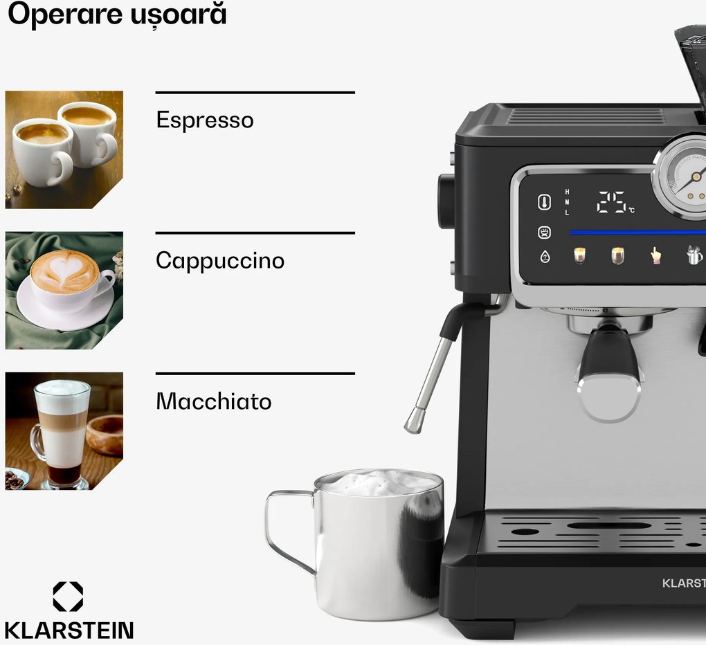 Klarstein Aparat de cafea GrandPresso Touch, 20 bar, râșniță integrată, indicator de presiune, spumă de lapte