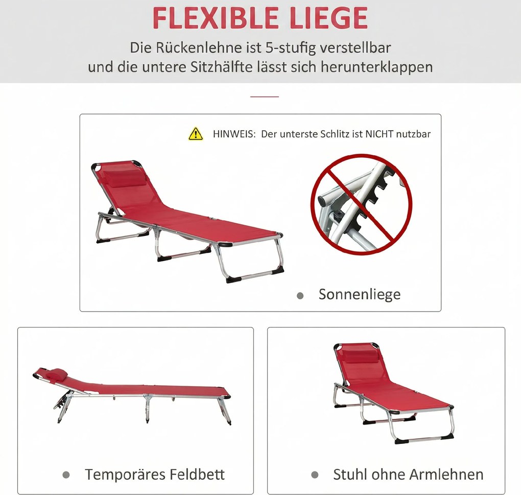 Outsunny șezlong pliabil de grădină cu pernă pentru cap, șezlong cu spătar reglabil în 4 trepte, pat de camping, suport până la 120 kg, pentru exterior/park/grădină, roșu | Aosom Romania
