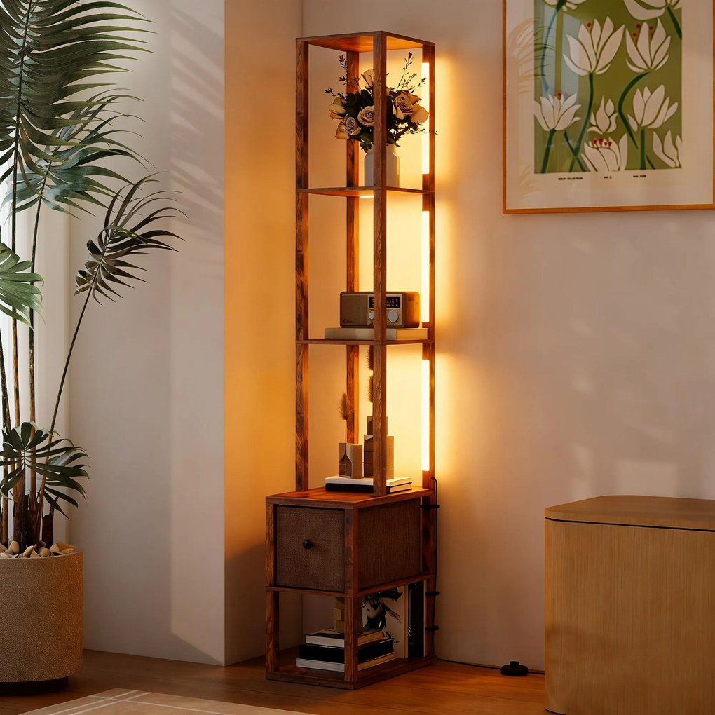 HOMCOM Lampă de podea LED cu rafturi, intensitate reglabilă, comutator cu picior pentru dormitor, maro rustic | Aosom Romania