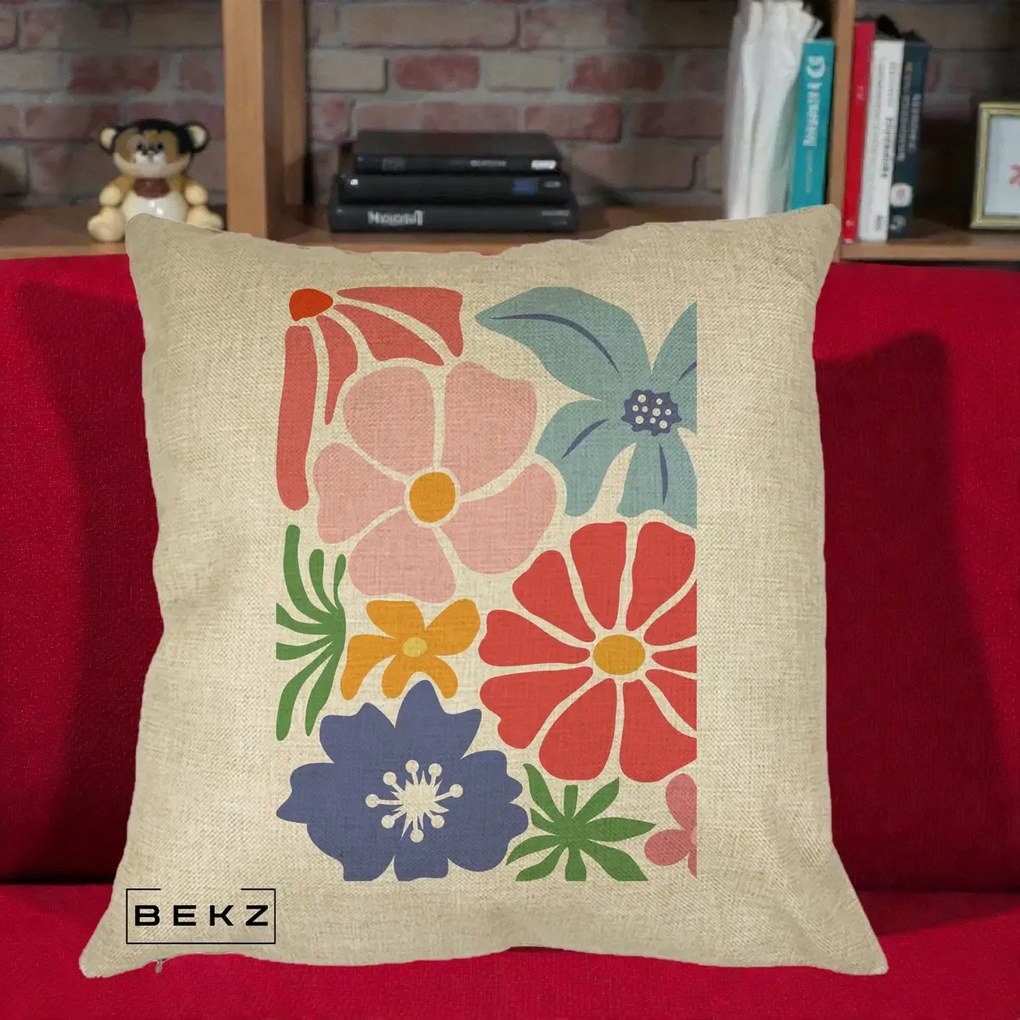 Perna Decorativa Flori Grafice Roz-Rosu-Albastru, 40x40 cm, Crem, Husa Detasabila, Perna Inclusa, BEKZ®