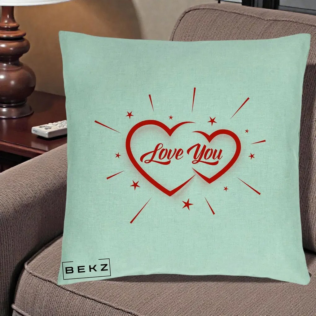 Cadou Romantic - Perna Personalizata Love You Doua Inimi, 40x40 cm, Verde Menta, Husa Detasabila, Perna Inclusa, BEKZ®
