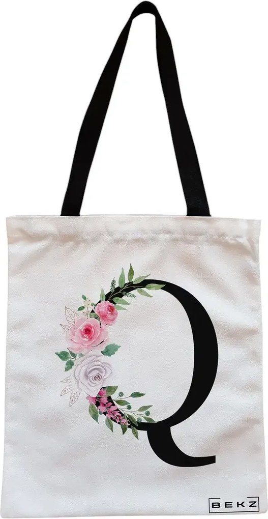 Sacosa de Panza pentru Cumparaturi, Geanta Tote, Cu litera Q si Trandafiri, Cu fermoar, 38x34.5 cm, Alba, BEKZ®