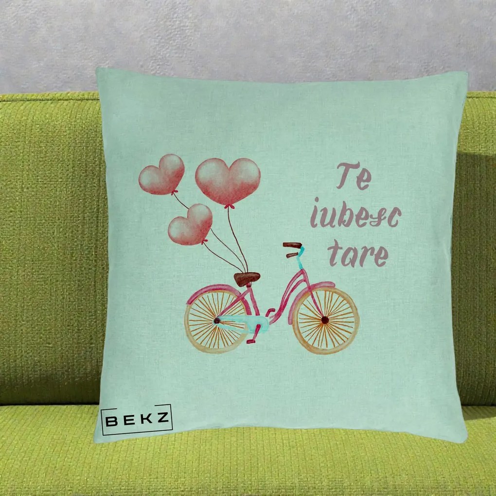 Perna Decorativa Te Iubesc Tare cu Bicicleta Roz si Baloane Inima, 40x40 cm, Verde Menta, Husa Detasabila, Perna Inclusa, BEKZ®