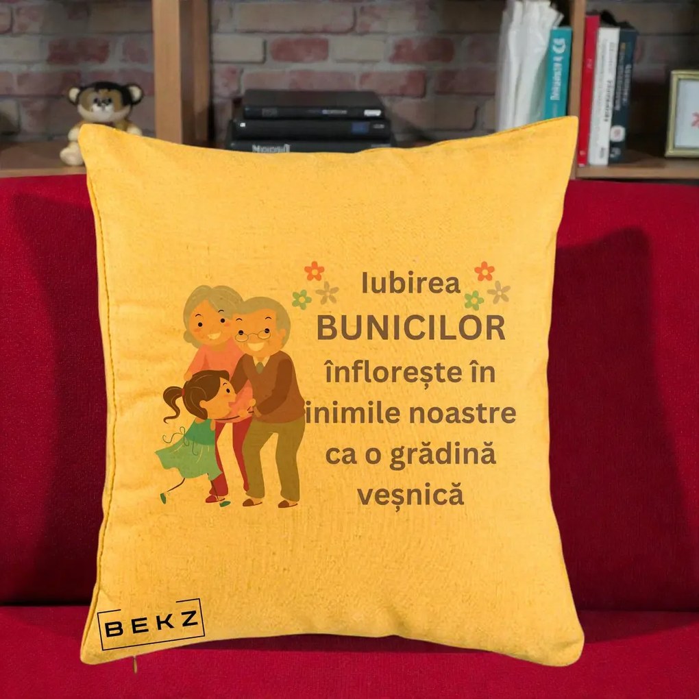 Cadou pentru Bunici - Perna Personalizata Bunicii Iubirea Infloreste Bunici cu Nepoata Colorat, 40x40 cm, Galben, Husa Detasabila, Perna Inclusa, BEKZ®