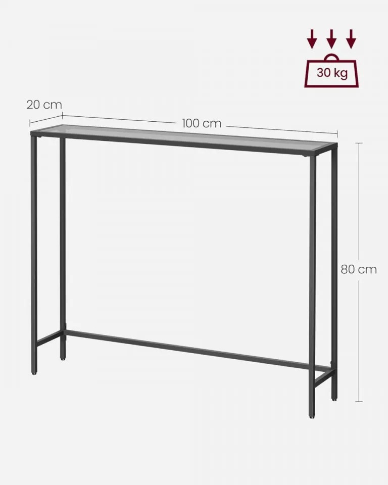 Consola living, 100 x 20 x 80 cm, sticla temperata / metal, gri inchis, Vasagle