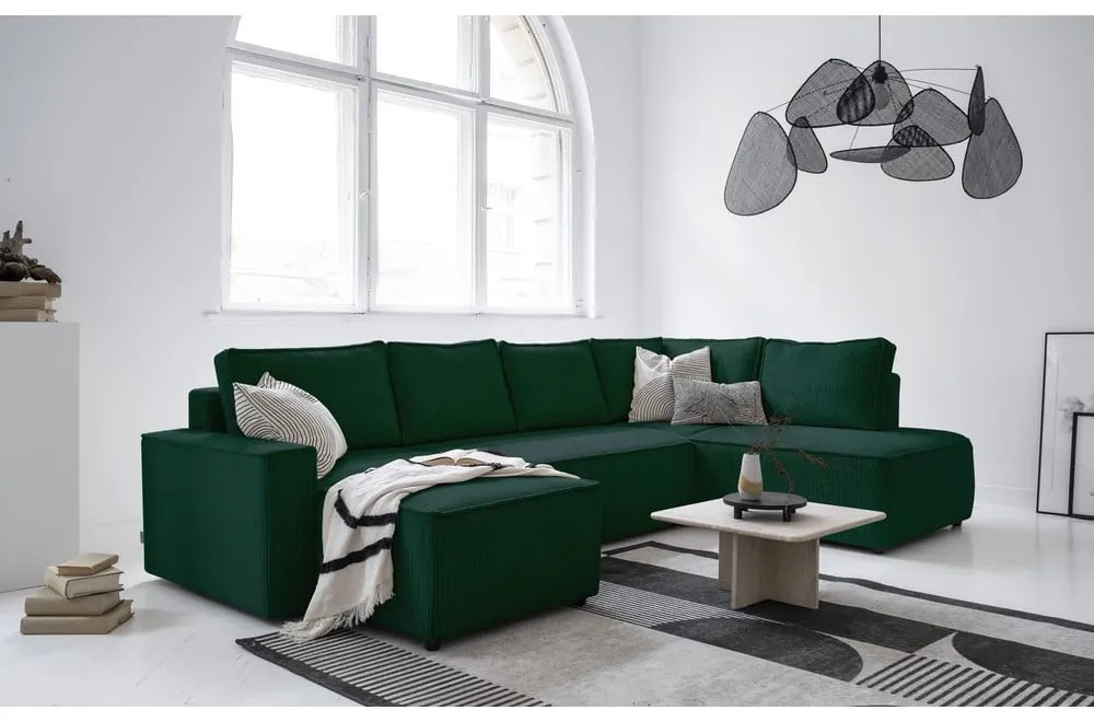 Colțar verde închis extensibil cu tapițerie din catifea reiată (cu colț pe partea dreaptă/în formă de "U") Brave Dave – Miuform