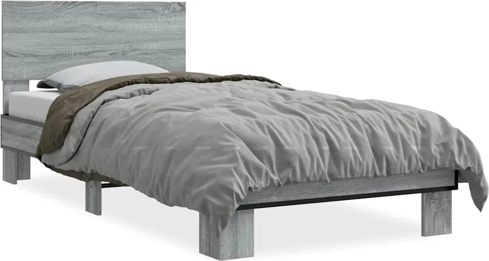 vidaXL Cadru de pat, gri sonoma, 75x190 cm, lemn prelucrat și metal