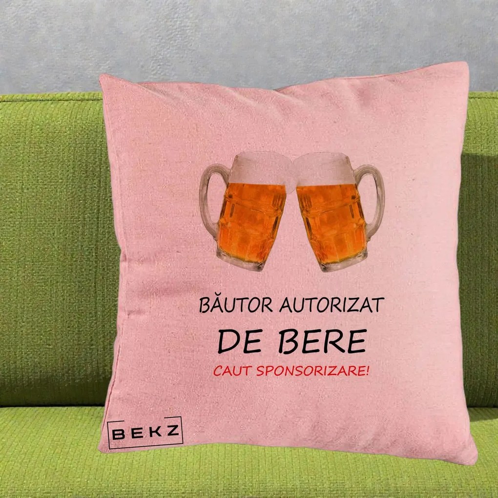 Perna Decorativa Bautor Autorizat de Bere, 40x40 cm, Roz, Husa Detasabila, Perna Inclusa, BEKZ®