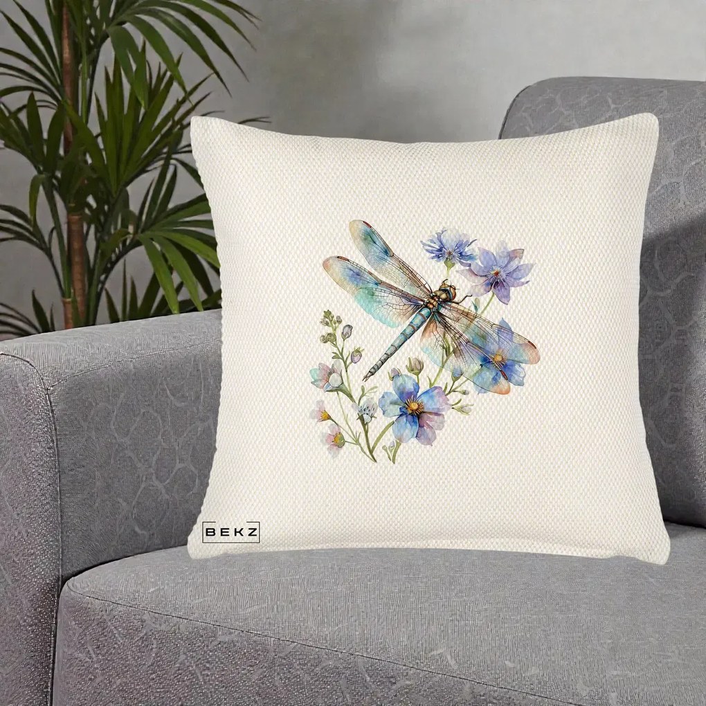 Perna Decorativa Libelula Acuarela Flori Albastre, 40x40 cm, Crem Reliefat, Husa Detasabila, Perna Inclusa, BEKZ®