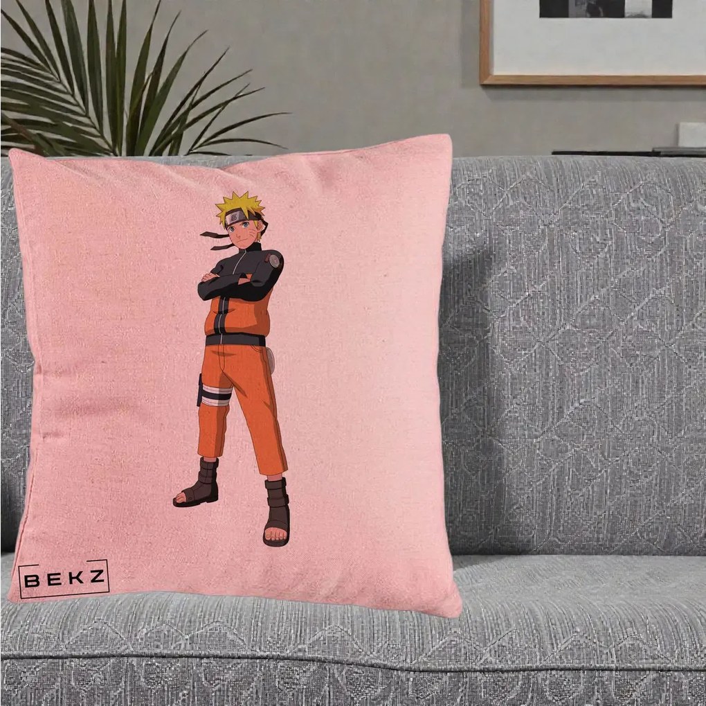 Perna Personalizata Naruto Uzumaki Portret Complet, 40x40 cm, Roz, Husa Detasabila, Perna Inclusa, BEKZ®