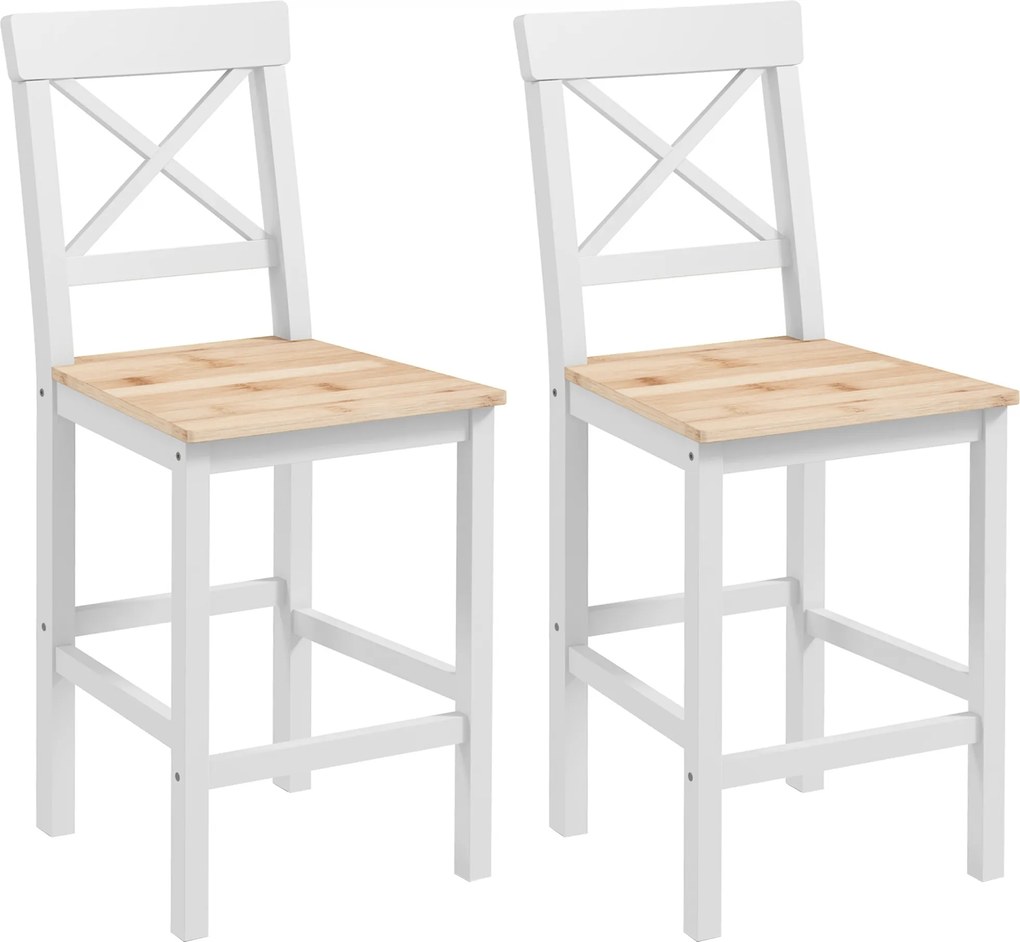 HOMCOM Set de 2 taburete de bar, scaune înalte stil rustic, spătar înalt și suport pentru picioare, 41x46x97,5cm, alb și lemn natural | Aosom Romania
