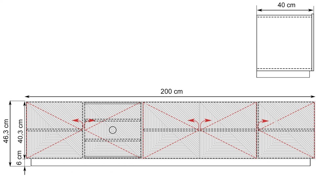 Comodă TV Asha 200 cm, cu 5 uși și fronturi riflate – negru mat